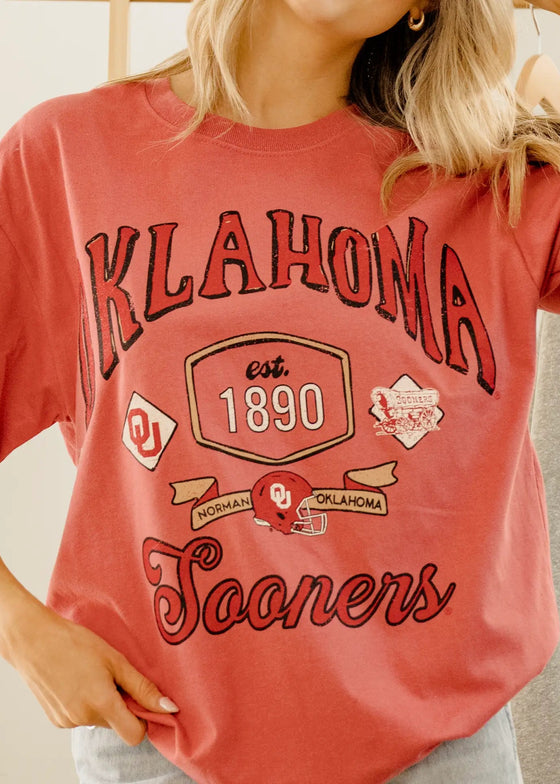 Red 'Klahoma Sooners' t-shirt with branding on a neutral background