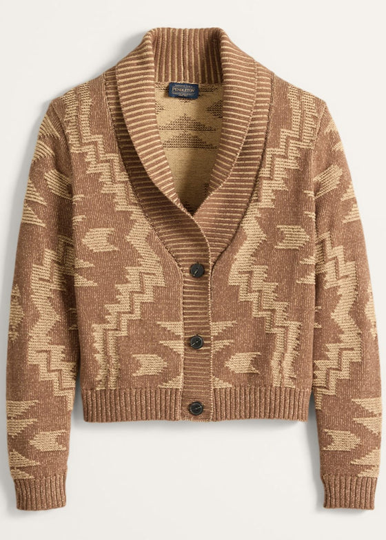 Brown patterned cardigan with buttons on a light gray background