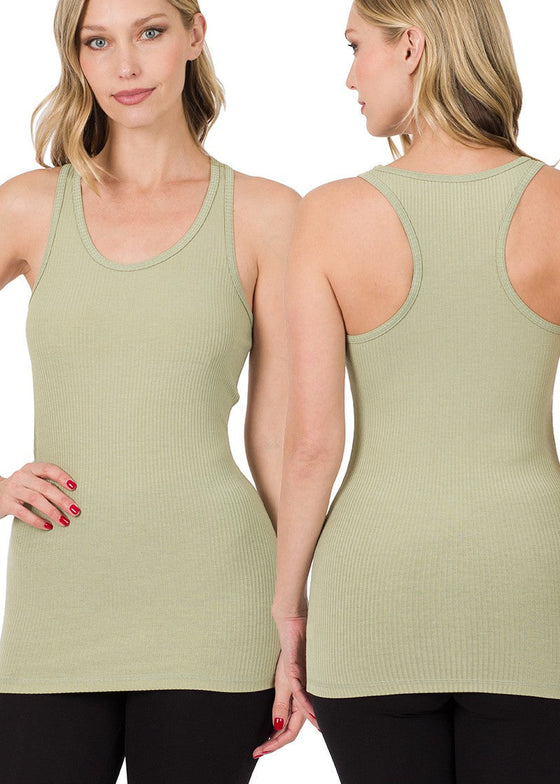 Woman wearing a light green ribbed tank top, front and back views, on a white background.