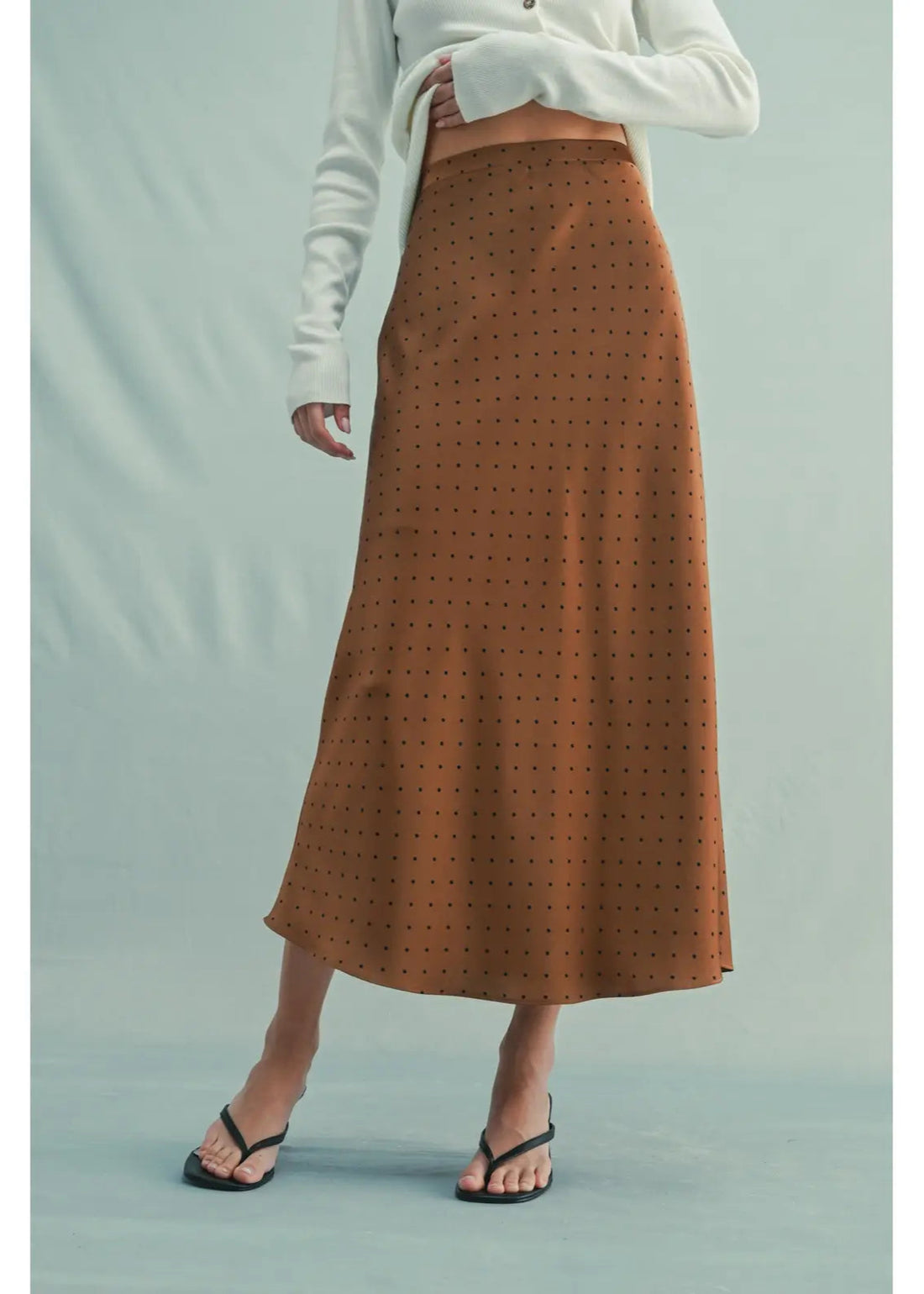  Person wearing a brown polka dot skirt on a light green background
