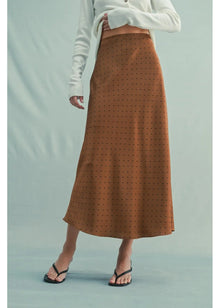  Person wearing a brown polka dot skirt on a light green background