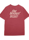Red t-shirt with 'the Sooner State' text on a white background