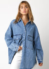 Person wearing a blue denim shirt on a white background