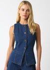 Woman wearing a blue denim vest on a white background