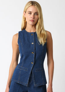  Woman wearing a blue denim vest on a white background