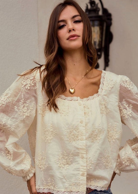 Woman wearing a white lace blouse with sheer sleeves against a neutral background