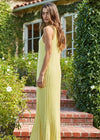 Woman in a yellow dress standing on a set of brick steps with greenery and a house in the background