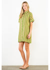 Woman wearing a green and white striped dress on a white background