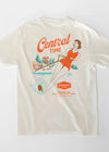 Beige t-shirt with vintage-style graphic design on a white background