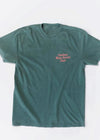 Green t-shirt with red text on a white background