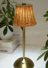 Table lamp with wicker shade on a surface with books and plants