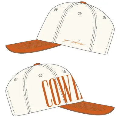 White and orange cap with 'Cowboy' text on a white background