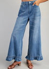 Blue denim wide-leg pants with ruffled hem on a gray background