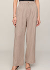 Beige striped pants worn by a person on a plain background